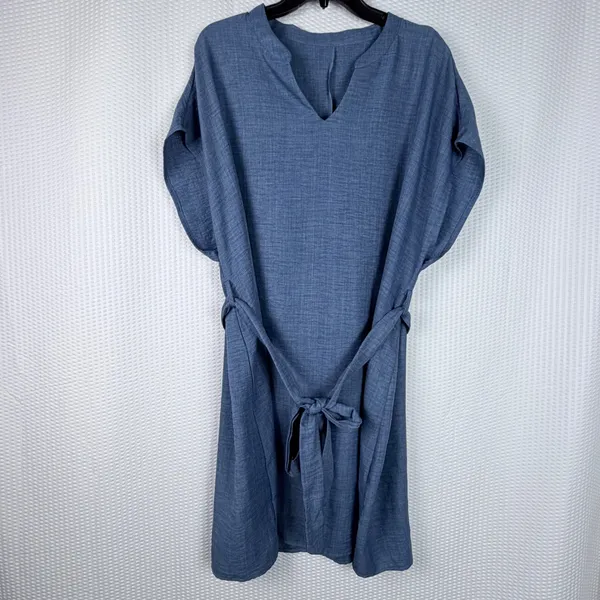 Women's‎ Denim Blue Split V-Neck Cap Sleeve Back Tie Tunic Dress 2XL Plus Size - Image 10