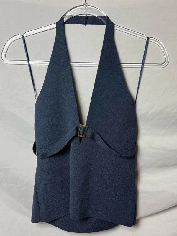 Silence + Noise Navy Halter Knit Y2K Top with Center Buckle - Image 2