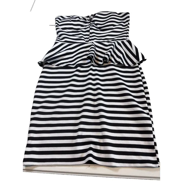 Pitaya Women Strapless Peplum Dress Retro Black & White Stripe size M - Image 9