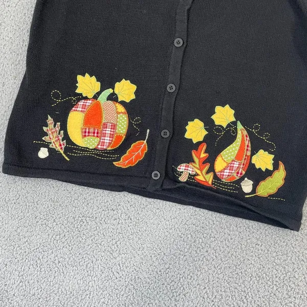 Breckenridge Sweater Vest Women L Black Pumpkin Fall Leaves Autumn Sleeveless - Image 2