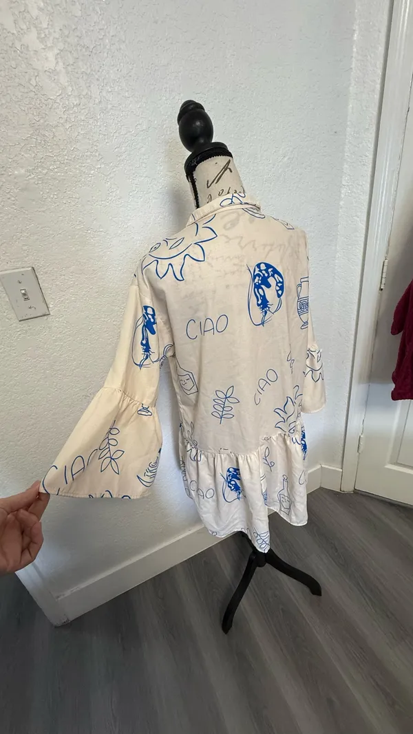 Commence "Ciao" Graphic Print Mini Dress - XS - Bell Sleeve & Tiered Hem - Image 12
