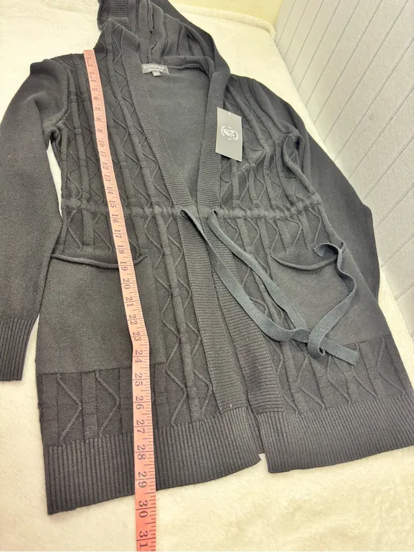 S. Christina Cashmere Black Hooded Open Front Cardigan Sweater S/M - Image 11