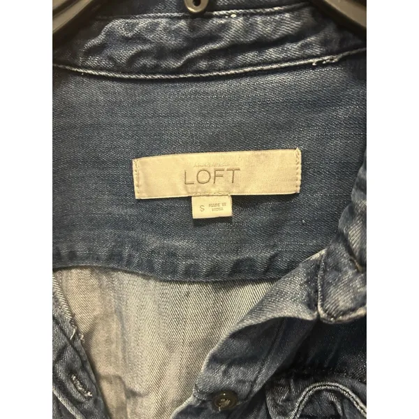 LOFT Denim Shirt Dress Blue Chambray Long Sleeve Roll Tab Sleeves Modest Small - Image 2