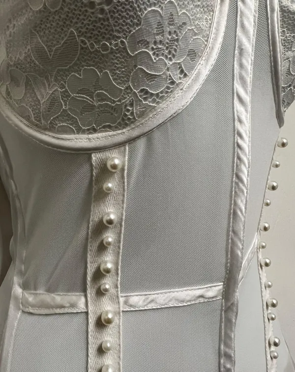 White Mesh Pearl Detailing Corset - Image 6
