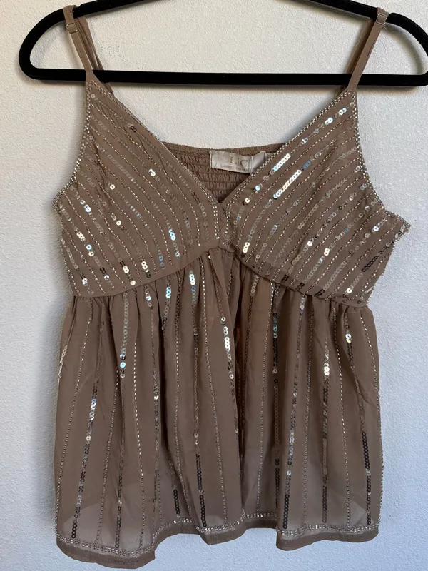 Lizette Collection Sequin Beaded Babydoll Cami Top Y2K Fairy Party Taupe Med NWT - Image 2