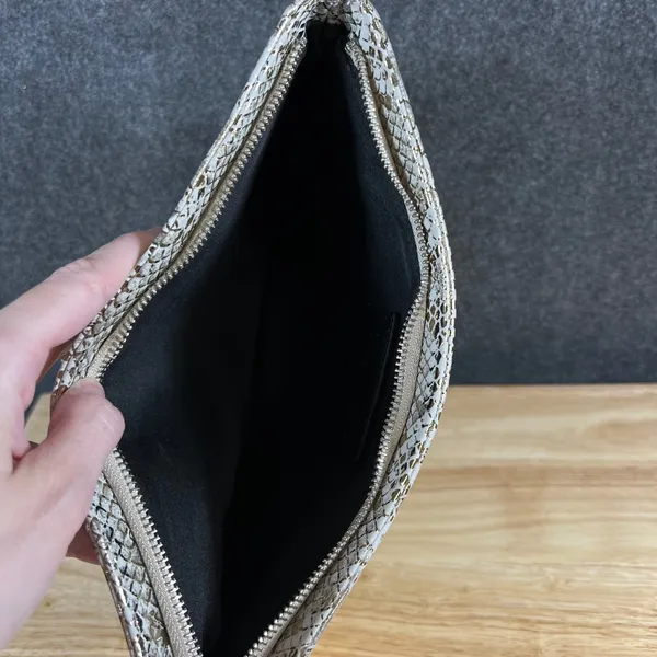 Channing Snakeskin Embossed Tassel Clutch Bag Metallic Gold Cream 12x8 - Image 3