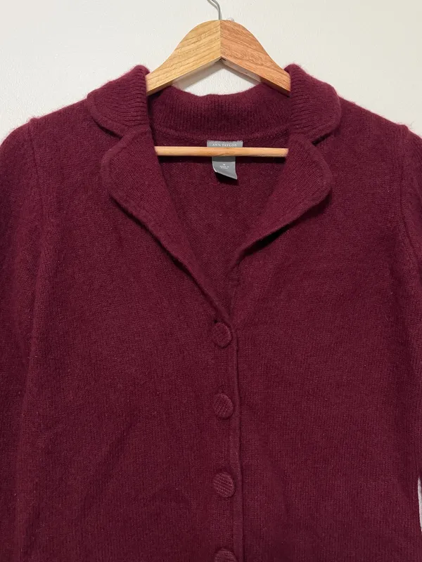 Ann Taylor Cashmere Cardigan Size Medium Maroon Burgundy Sweater Luxury - Image 3