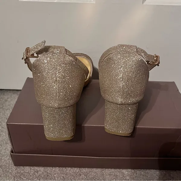 Women’s Champagne Glitter Open-Toe Low-Heeled Ankle Strap Sandals - Image 4