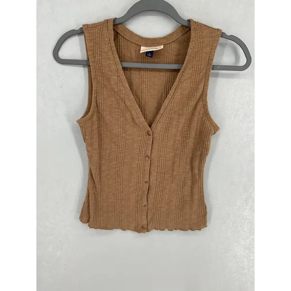 Universal Threads Womens Tank Top Brown Ribbed Button Front Lettuce Hem Size S - Image 2