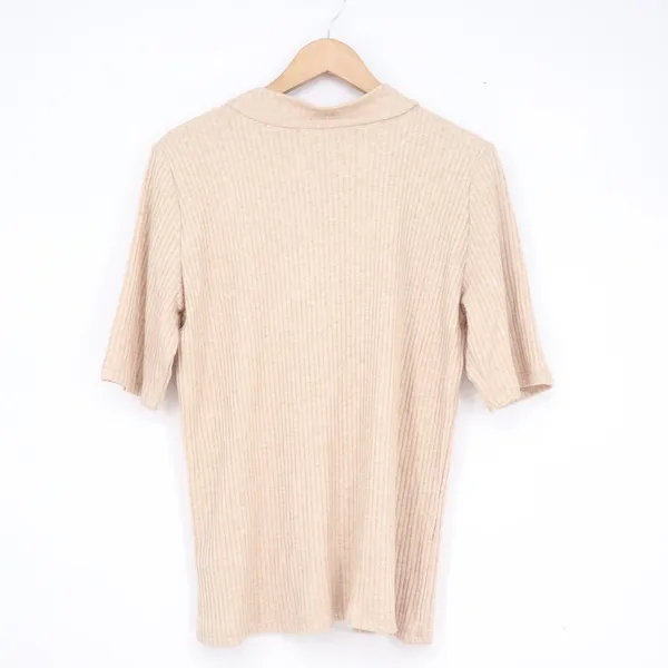 Calvin Klein Womens Ribbed Mock Neck Elbow Sleeve Top Oatmeal Beige L - Image 5