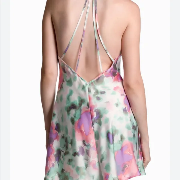 In Bloom Watercolor Floral Lace-Trim Chemise in Pink & Green - Image 2