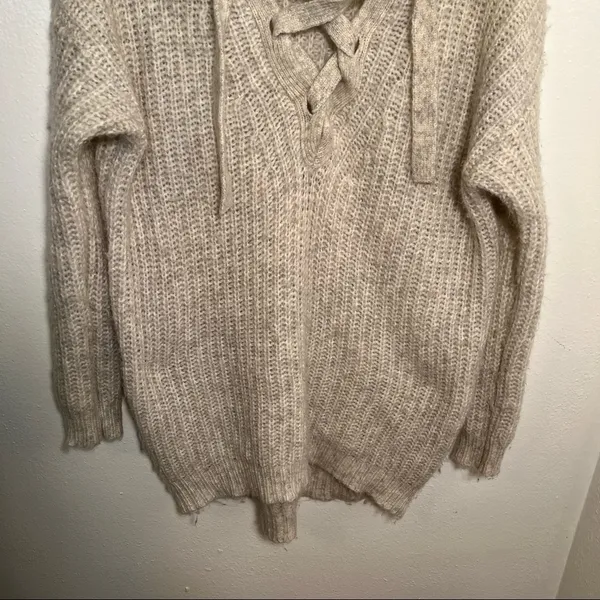 Aerie Womens Size Small Oversized Lace-Up Pullover Sweater Tunic Oatmeal Heather - Image 5