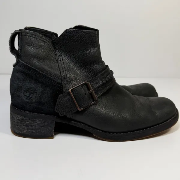 Timberland Womens Black Leather Suede Moto Ankle Boots Buckle Side Zip Biker 7.5 - Image 4