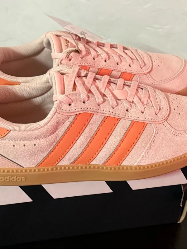 adidas Pink Suede Sneakers with Orange Stripes and Gum Sole - Image 4