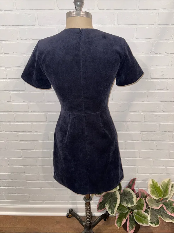 Everly Corduroy Women's Navy Short-Sleeve Button-Front Faux Wrap Dress - Image 4