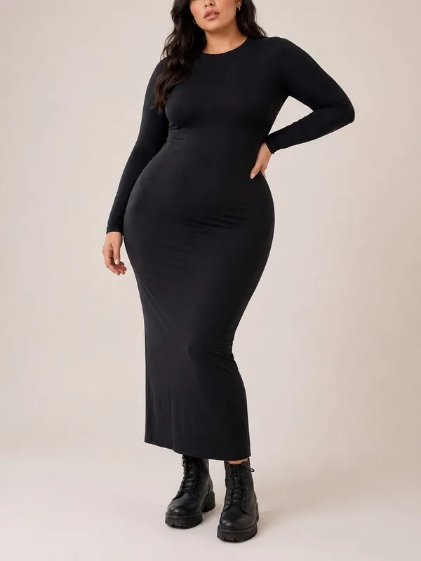 SKIMS Onyx Fits Everybody Long Sleeve Bodycon Crew Neck Stretch Maxi Dress - Image 7