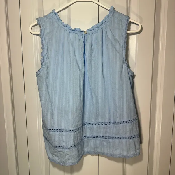 Flowy Lace Inset Tank Top Cotton Blouse Med Blue Eyelet Ruffle Coastal Natural - Image 5