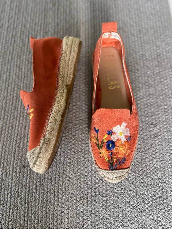 Fabiolas Floral Embroidered Coral Suede Leather Espadrilles Size 38 - Image 14