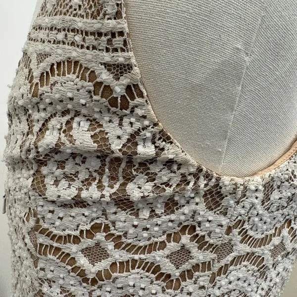 VTG 90s NiteLine White Lace Beaded Tan Mini Dress 2‎ Bridal Goth Witchy Coquette - Image 12