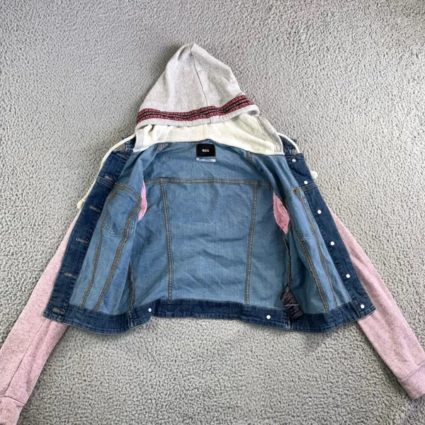 BDG Urban Outfitters Denim‎ Jacket Women Medium Hooded Mixed Media Pink Sleeves - Image 9