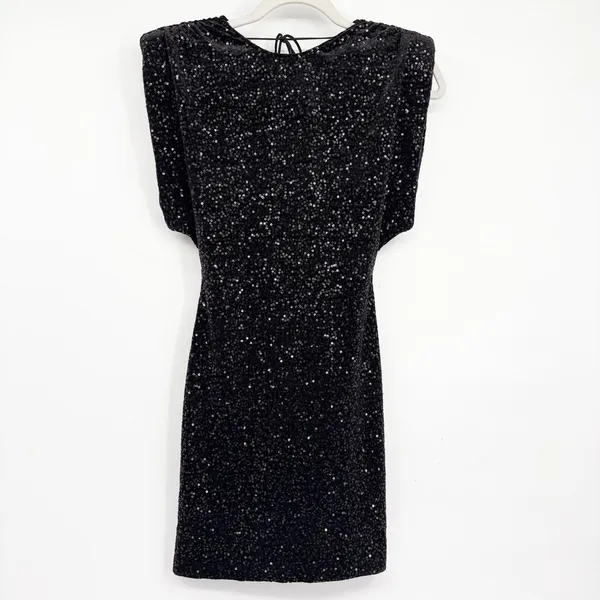Zara Womens Black Sequin Padded Shoulder Open‎ Back Glam Cocktail Mini Dress XS - Image 3