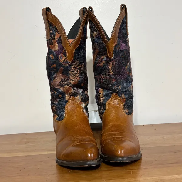 Capezio Womens Leather Floral Tapestry Western Cowboy Boots Cognac Brown Size 7 - Image 3