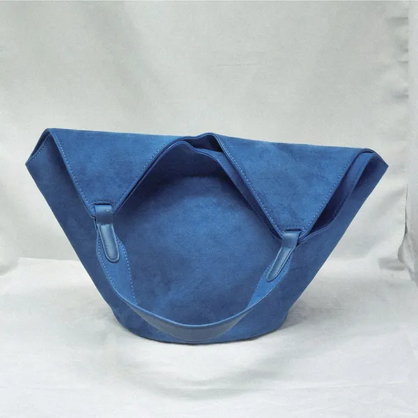Womens Blue Faux Suede Bucket Tote Shoulder Bag Minimalist Work Travel Everyday - Image 7
