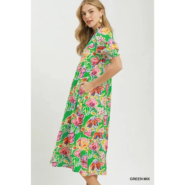 Umgee Floral Print Puff Sleeve Tiered Midi Dress -‎ Green Mix - Large - Image 3