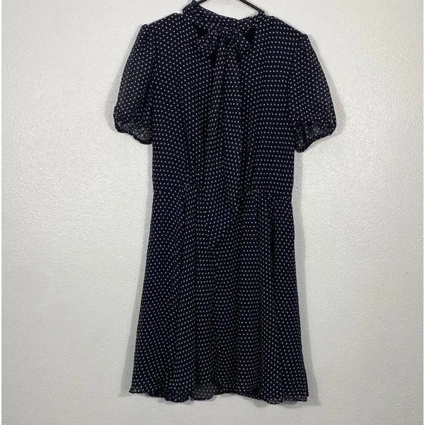 Betsey Johnson Navy Polka Dot Chiffon Puff Sleeve Tie Neck Knee Dress Size 10 - Image 3