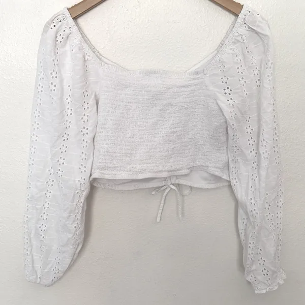 Japna Eyelet Crop Top Sz M White Long Puff Sleeve Cinched Front Boho Cottagecore - Image 2
