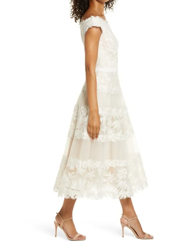 NWT TADASHI SHOJI Adriane in Ivory Petal Floral Embroidered Tea Midi Dress 12 - Image 4