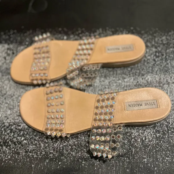 Womens sz10 Steve Madden Blizie Clear Iridescent Spike Stud Flat Slide Sandals - Image 2