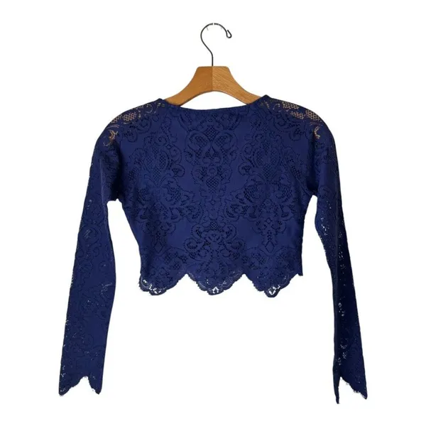 For Love & Lemons Shirt‎ Women XS Blue Long Sleeve Midnight Lace Crop Top Sexy - Image 4