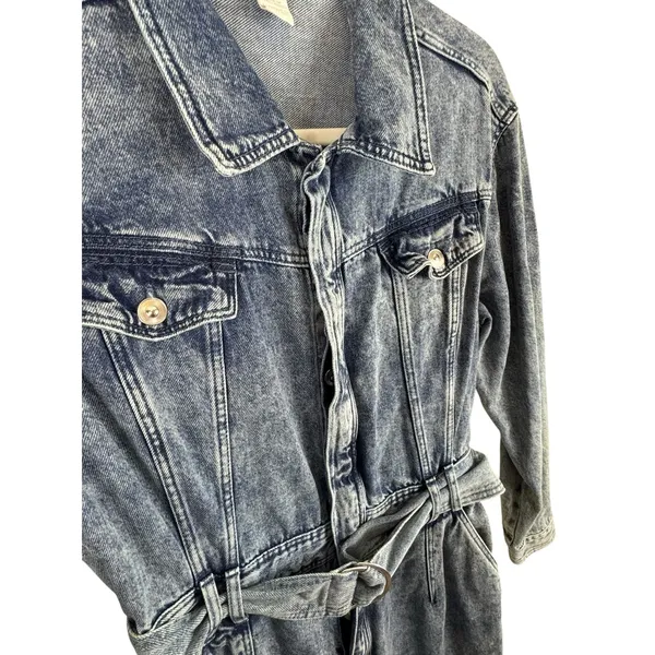 ZARA 100% Cotton‎ Acid Wash Long Sleeve Belted Button Down Denim Jumpsuit Size M - Image 4