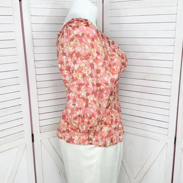 Nanette Lepore Cottagecore Floral Smocked Peplum‎ Puff Sleeve Blouse Pink Large - Image 3