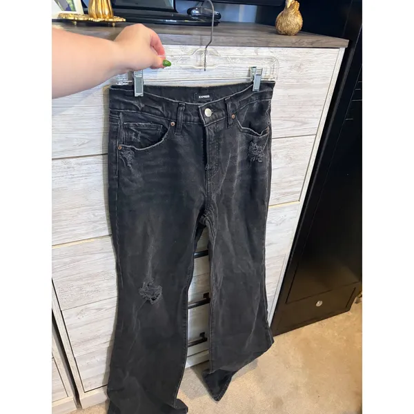 Express 70s Flare Mid Rise Distressed Black Jeans Size 6L Long - Image 3