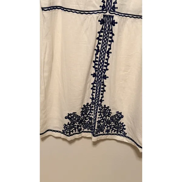 Boden Shift Dress Sz 16 Ivory Navy Blue Embroidered Linen V-Neck Boho Vacation - Image 7