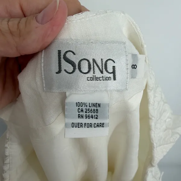 Vintage JSong White 100% Linen One Shoulder Embroidered Leaf‎ Maxi Dress 8 - Image 6