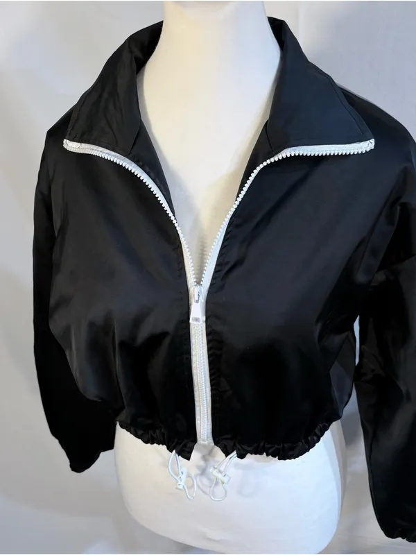💥Polly Cropped Windbreaker Jacket Black White Zip Toggle Hem Lightweight S/M💚 - Image 4