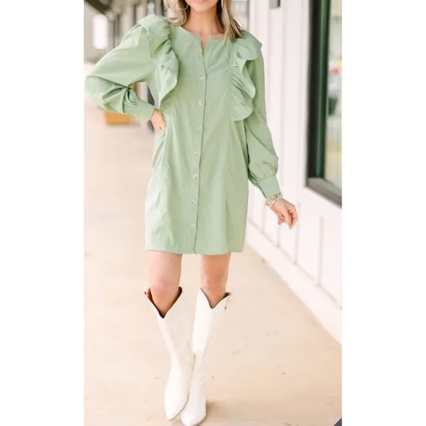 Entro Porch Swing Sips Mini Dress Pear Green Ruffle Button Front Small‎ NWT - Image 12