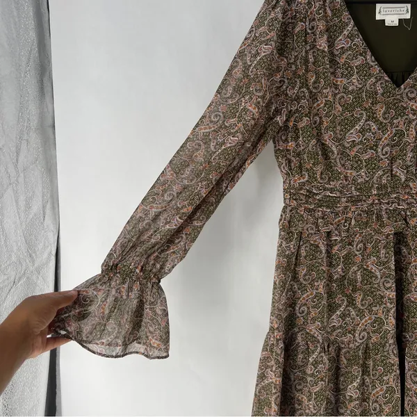 Love Riche Chiffon Olive Paisley Ruffle Long Sleeve Peasant Tiered Maxi‎ Dress M - Image 6