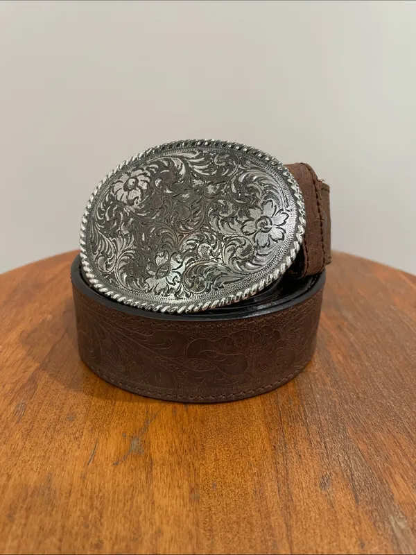 Nocona Western Brown Leather Belt With Silver Floral Buckle - Image 2