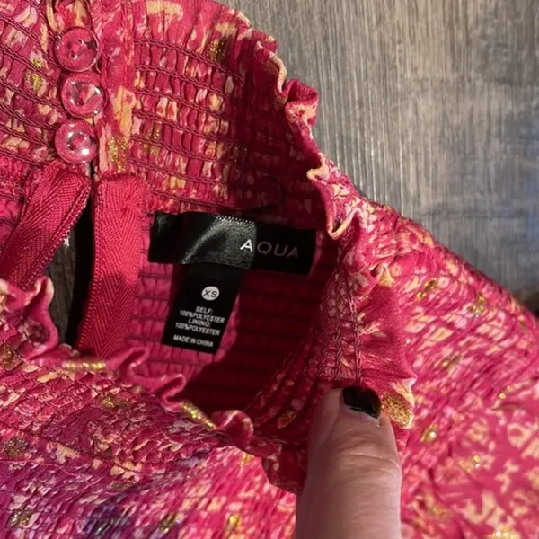 gold and fuchsia, print, smock, ruffle, mini dress - Image 5