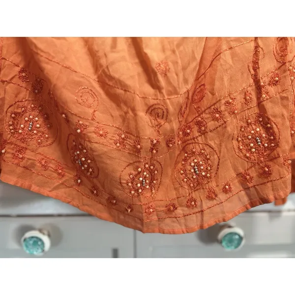 Magazine Orange Blouse Size L Sheer Long Sleeve Chiffon Tie Neck‎ Beads - Image 5