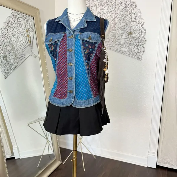 Carole Little Vintage 90s Denim Tapestry Patchwork Button Up Vest Top S - Image 2