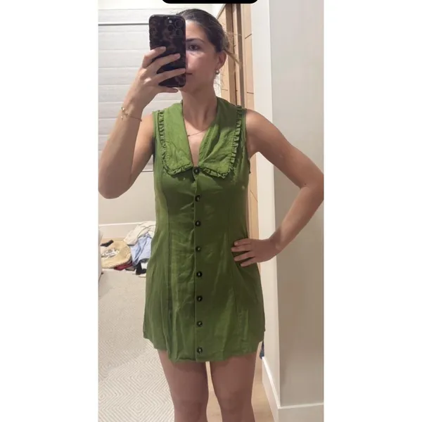 Monteau‎ dress button-front Shirt ruffle Peter Pan collar Linen Green Size Small - Image 2