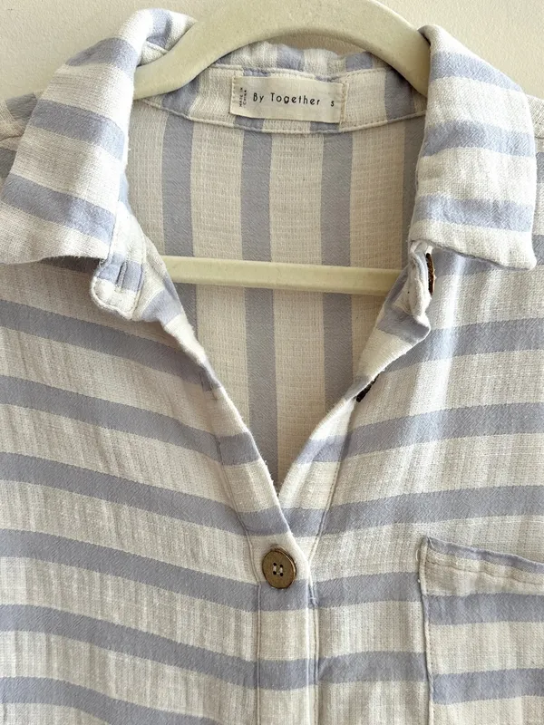 By Together Short Sleeve Button Down Striped Shirt, White/Periwinkle, Size Small - Image 7