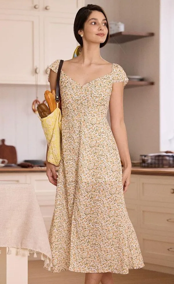 RIHOAS The Yellow V Neck Floral Slit Midi Dress - Image 2