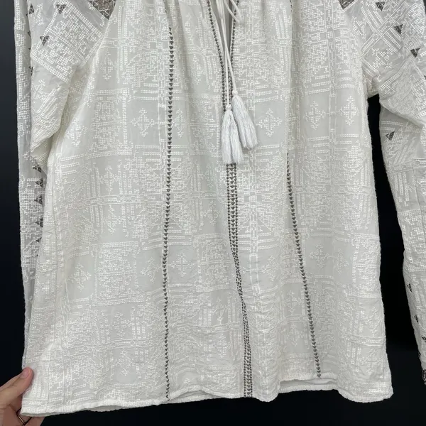 the jetset diaries TJD Boho Cotton Silk Shimmer Blouse L Embroidery Long Sleeve - Image 4