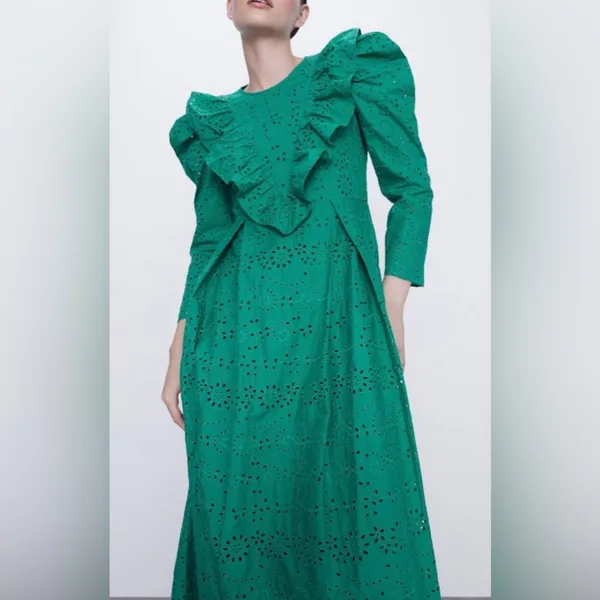ZARA Broderie‎ Anglaise Cutwork Embroidered Eyelet Ruffle Midi Dress Green Sz XS - Image 10